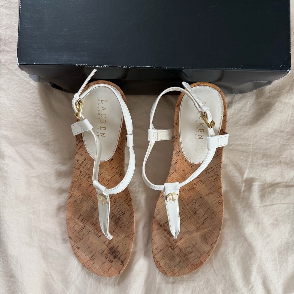 Vintage White Patent REETA Ralph Lauren Heeled Cork Sandal - Picture 3 of 8